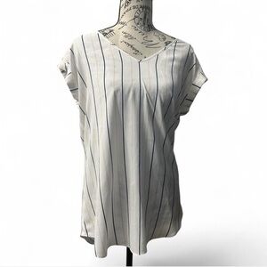 Express Striped V-Neck Blouse White Blue Pink Short Sleeve Top